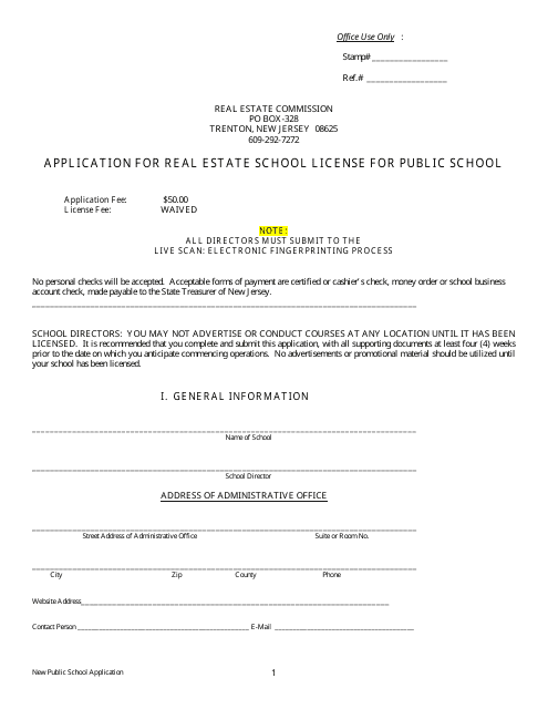 Application for Real Estate School License for Public School - New Jersey
