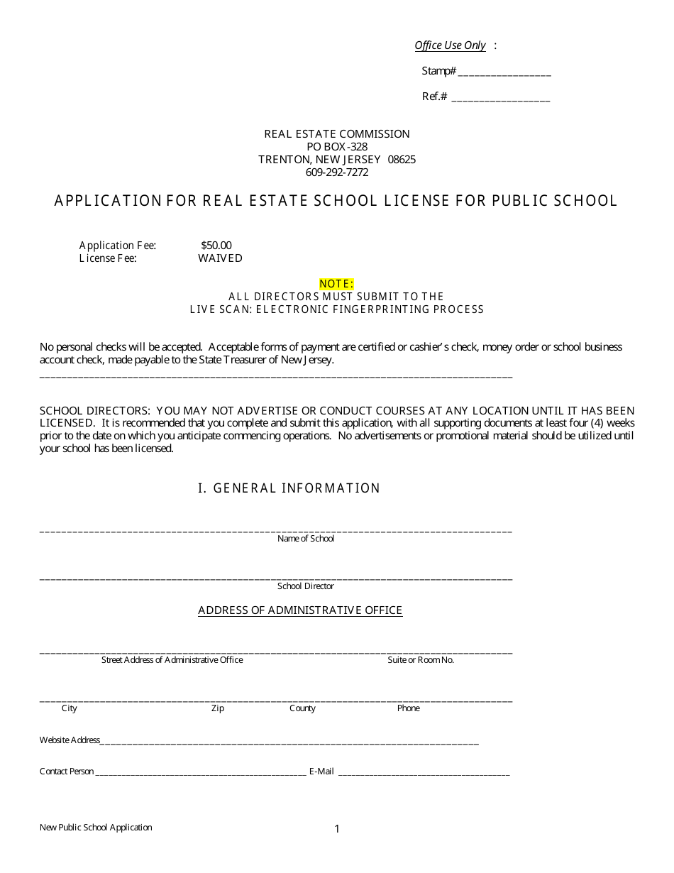 New Jersey Application for Real Estate School License for Public School