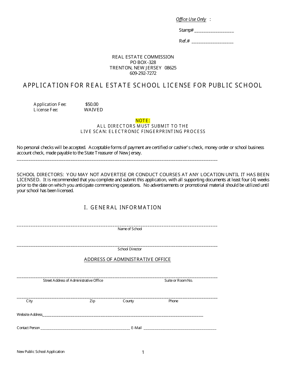 Application for Real Estate School License for Public School - New Jersey, Page 1