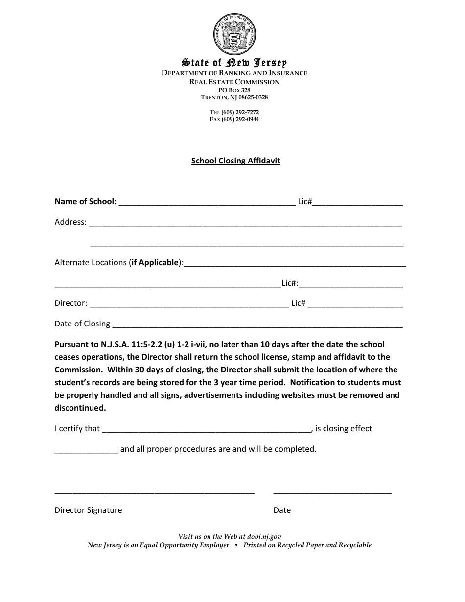 New Jersey School Closing Affidavit - Fill Out, Sign Online And 