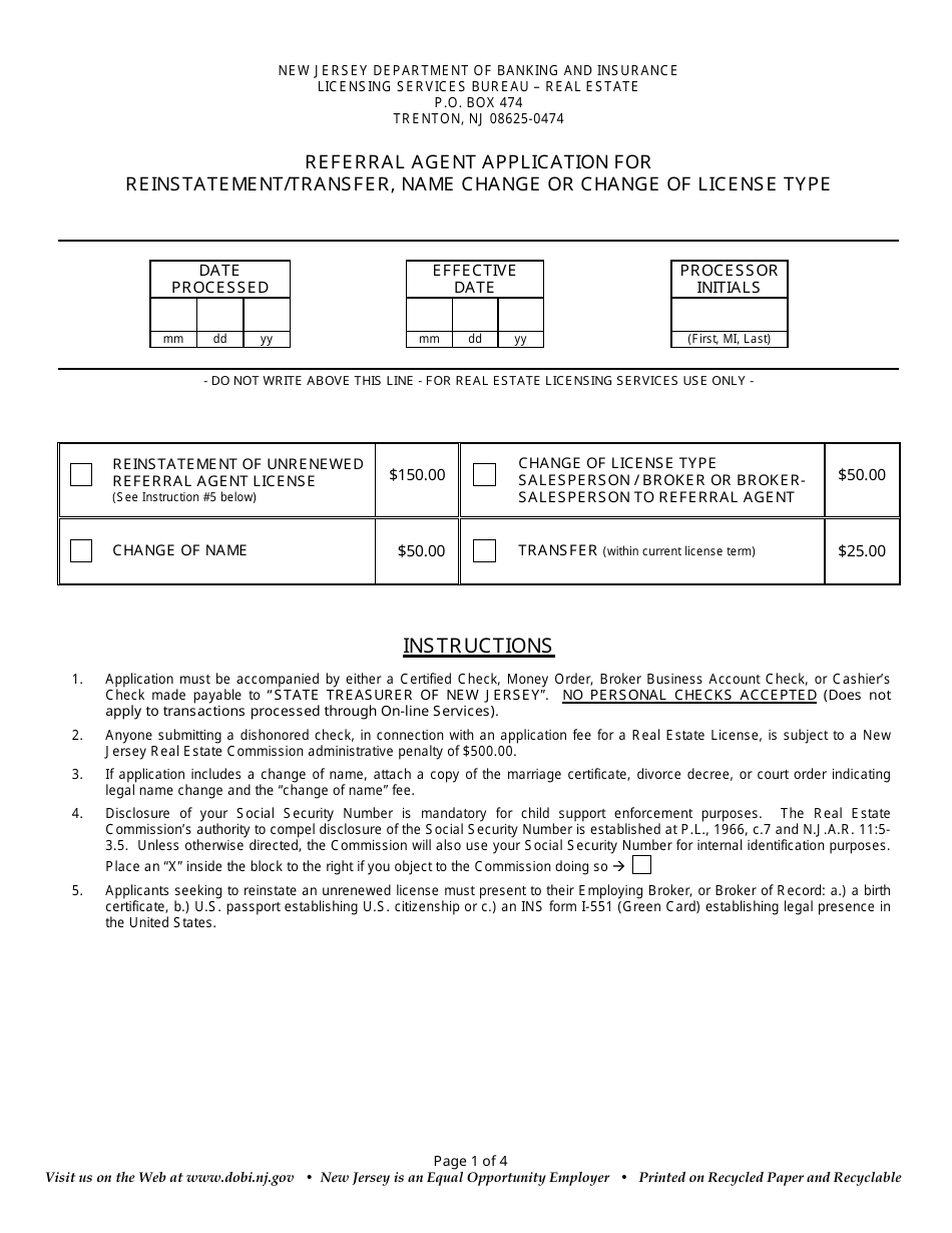 Referral Agent Application for Reinstatement / Transfer, Name Change or Change of License Type - New Jersey, Page 1
