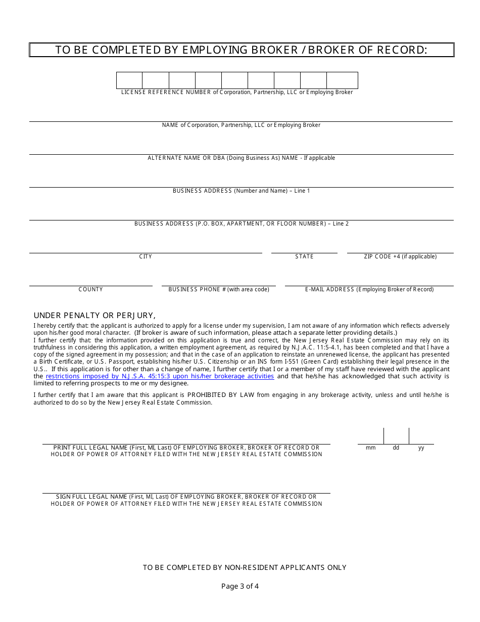 Referral Agent Application for Reinstatement / Transfer, Name Change or Change of License Type - New Jersey, Page 3