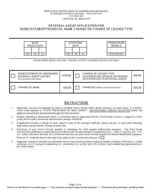 Referral Agent Application for Reinstatement/Transfer, Name Change or Change of License Type - New Jersey