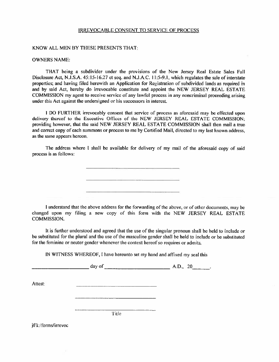 Irrevocable Consent to Service of Process - New Jersey, Page 1