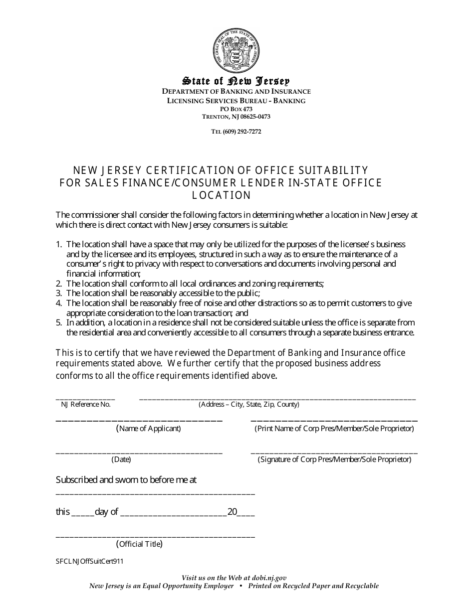 New Jersey Certification of Office Suitability for Sales Finance / Consumer Lender in-State Office Location - New Jersey, Page 1