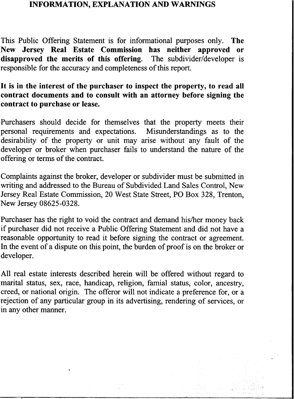 Nj Public Offering Statement Format - New Jersey, Page 2