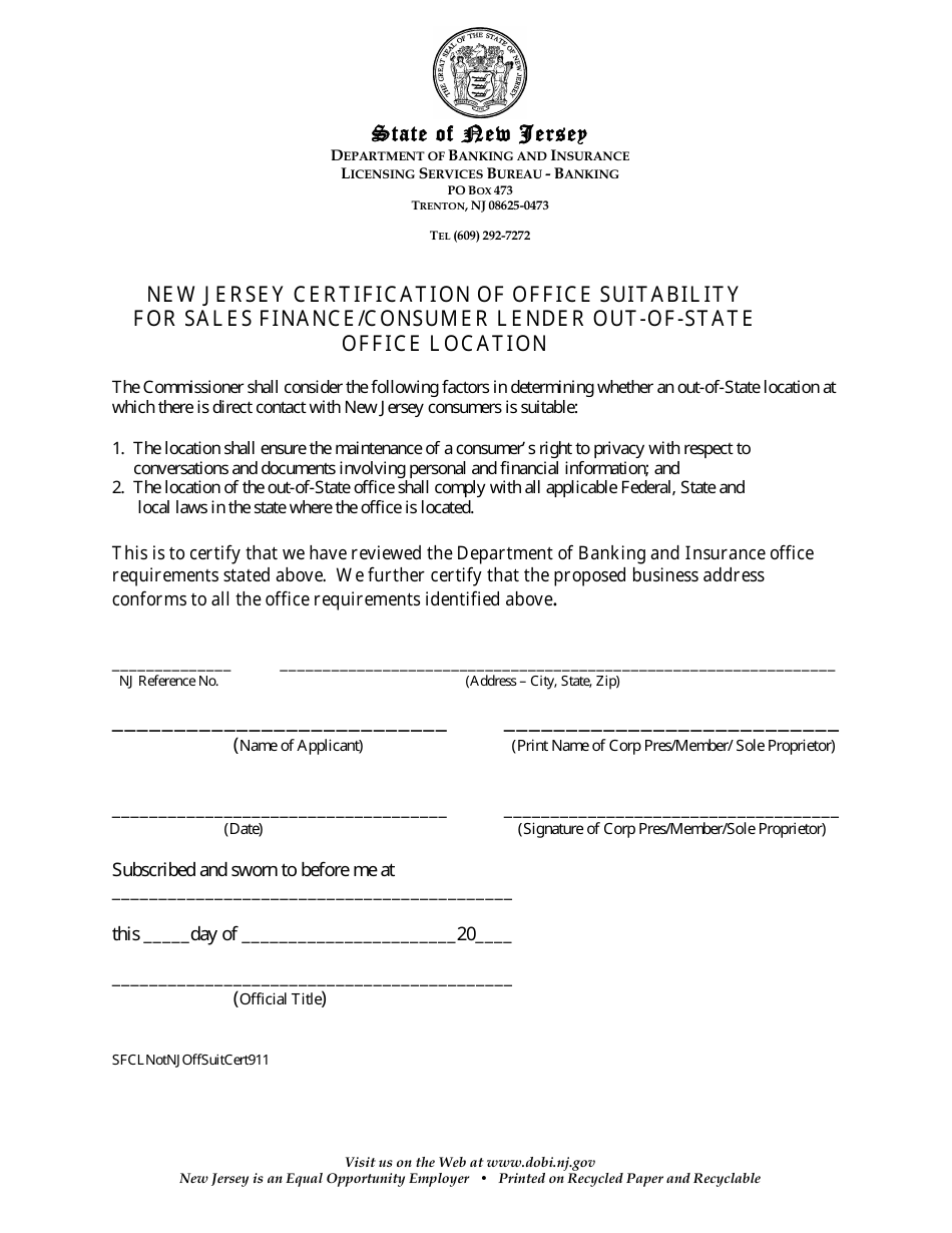 New Jersey Certification of Office Suitability for Sales Finance / Consumer Lender Out-of-State Office Location - New Jersey, Page 1