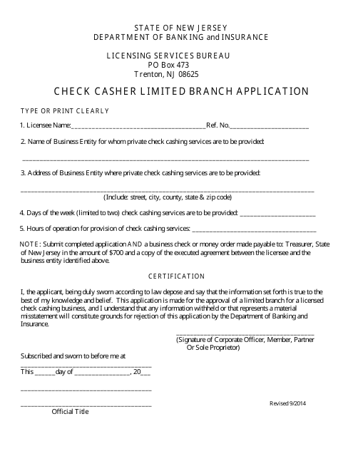 Check Casher Limited Branch Application - New Jersey
