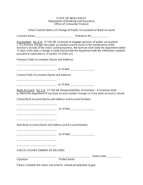 Check Casher Notice of Change of Public Accountant or Bank Account - New Jersey Download Pdf