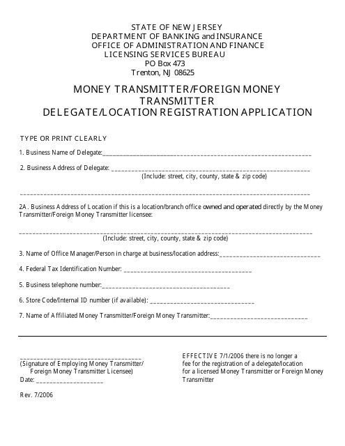 Money Transmitter / Foreign Money Transmitter Delegate / Location Registration Application - New Jersey Download Pdf