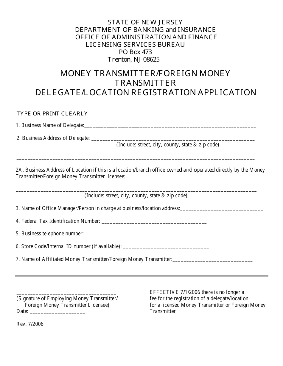 Money Transmitter / Foreign Money Transmitter Delegate / Location Registration Application - New Jersey, Page 1