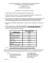 Document preview: Insurance Premium Finance Company Branch Application - New Jersey