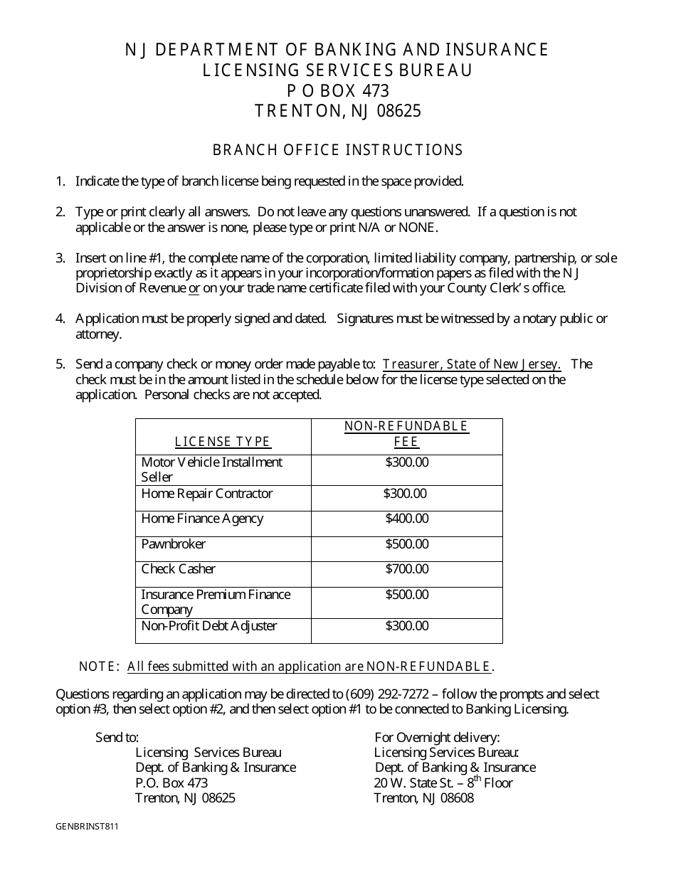 Insurance Premium Finance Company Branch Application - New Jersey, Page 1
