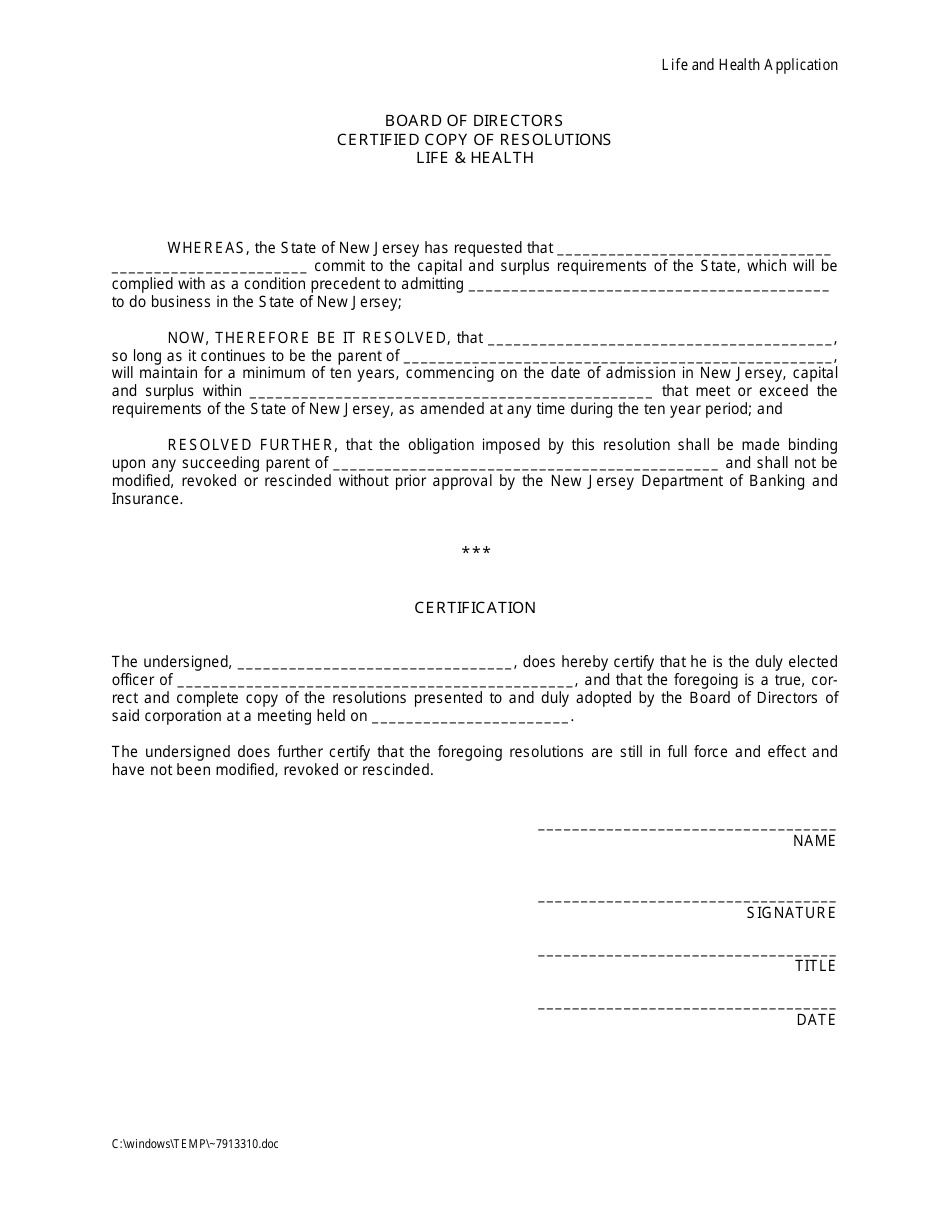 New Jersey Certified Copy of Resolutions - Life & Health - Fill Out ...