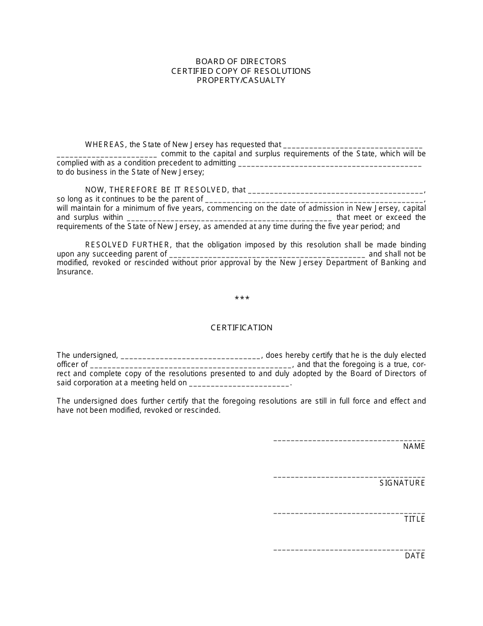 Certified Copy of Resolutions - Property / Casualty - New Jersey, Page 1