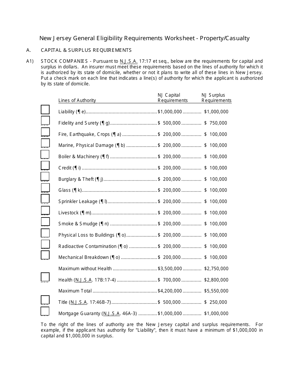 New Jersey General Eligibility Requirements Worksheet - Property / Casualty - New Jersey, Page 1