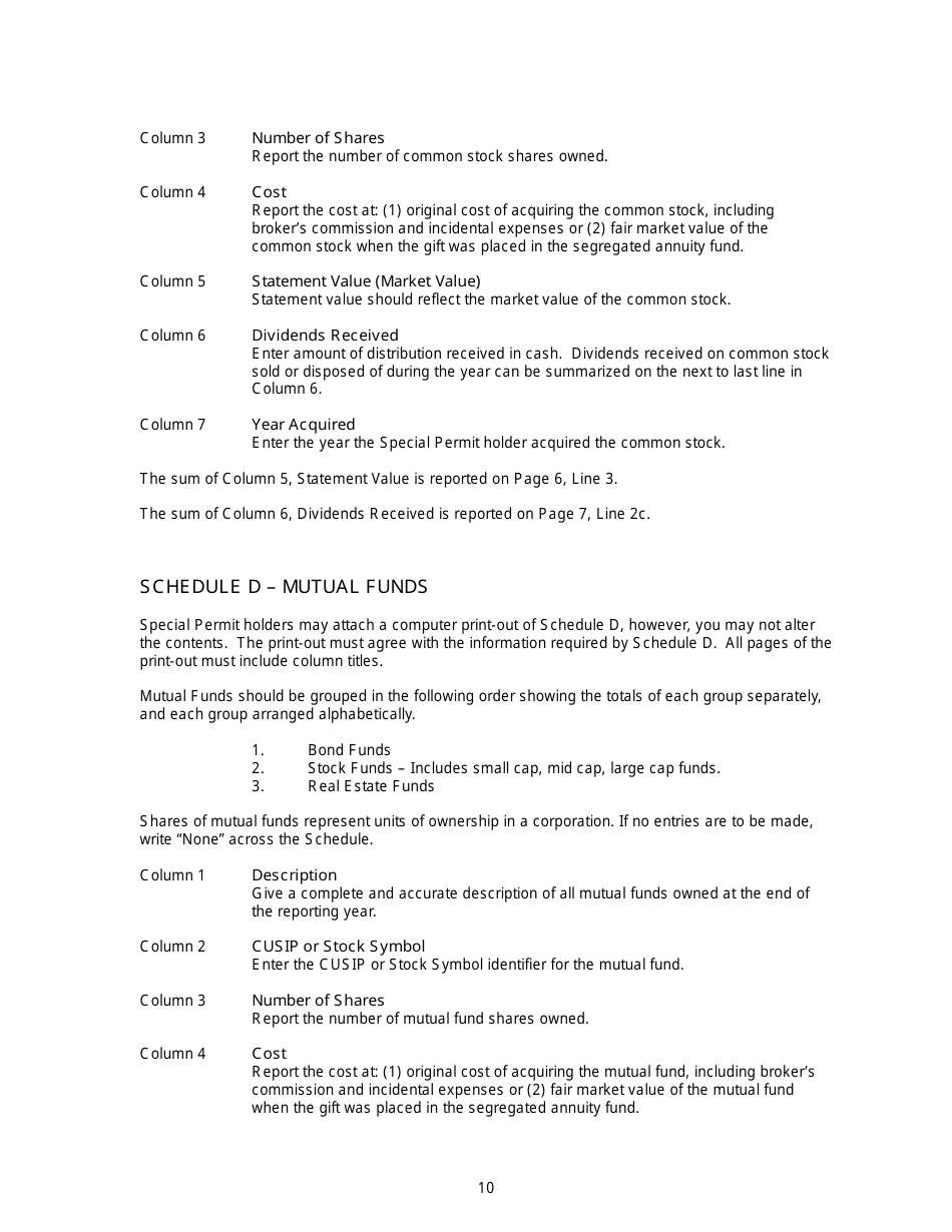Instructions for Annual Statement of the Segregated Gift Annuity Fund - New Jersey, Page 10