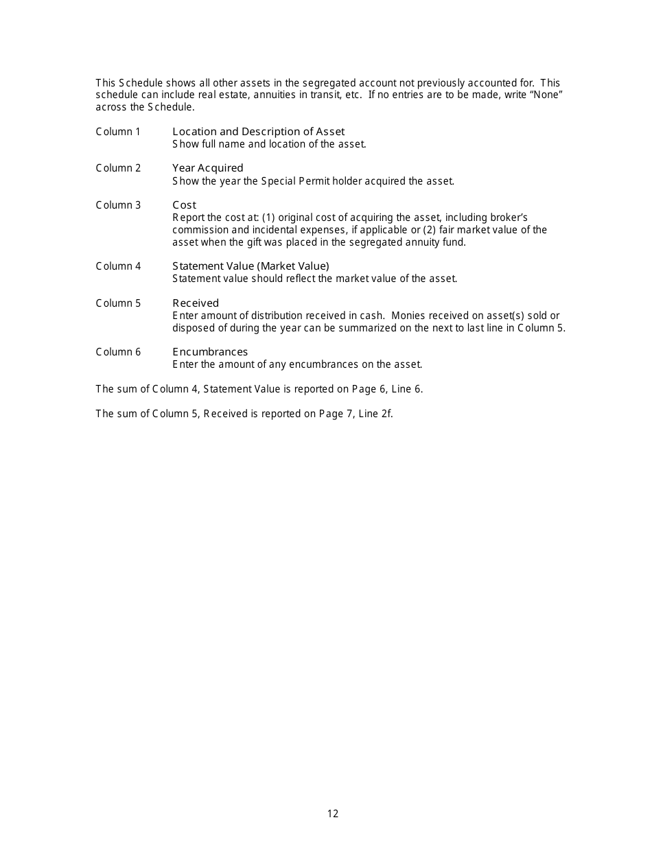 Instructions for Annual Statement of the Segregated Gift Annuity Fund - New Jersey, Page 12