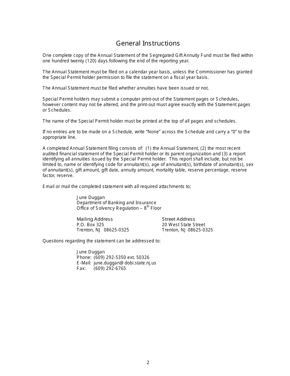 Instructions for Annual Statement of the Segregated Gift Annuity Fund - New Jersey, Page 2