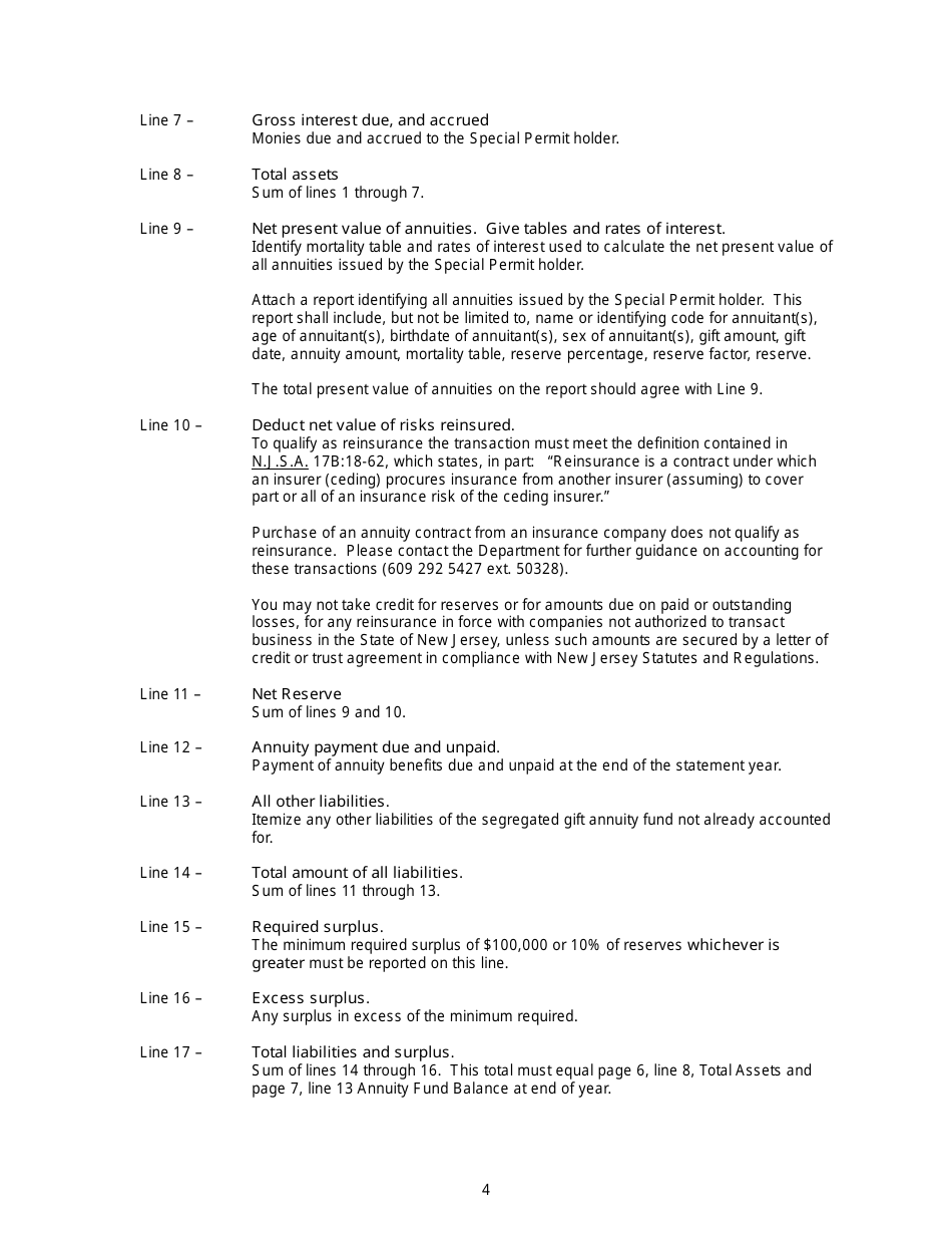 Instructions for Annual Statement of the Segregated Gift Annuity Fund - New Jersey, Page 4