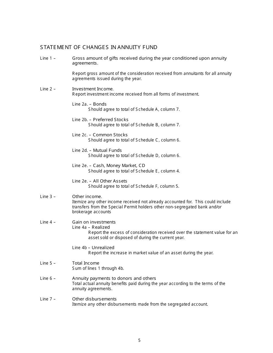 Instructions for Annual Statement of the Segregated Gift Annuity Fund - New Jersey, Page 5