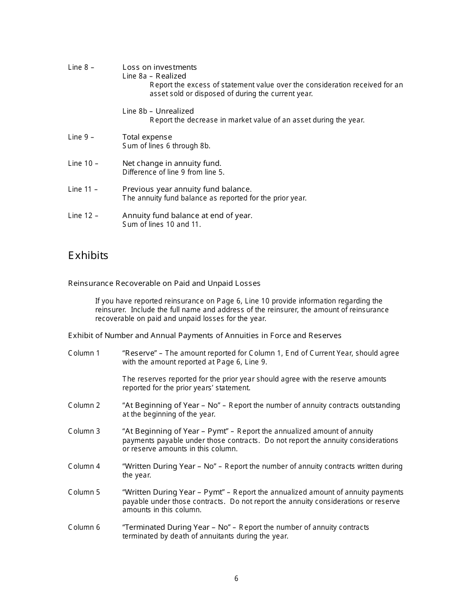 Instructions for Annual Statement of the Segregated Gift Annuity Fund - New Jersey, Page 6