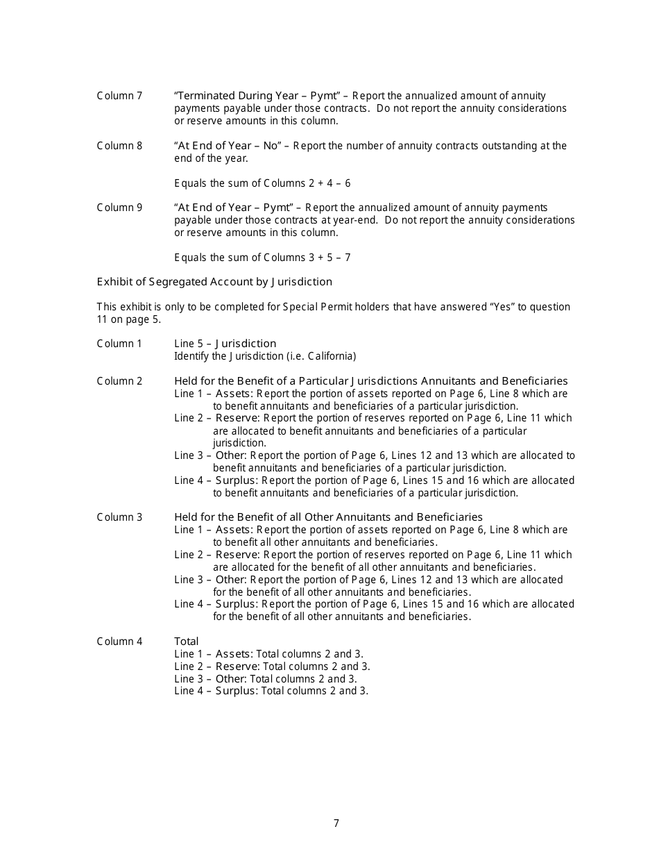 Instructions for Annual Statement of the Segregated Gift Annuity Fund - New Jersey, Page 7
