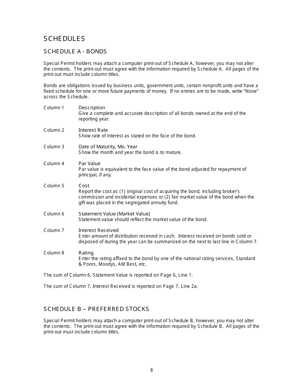 Instructions for Annual Statement of the Segregated Gift Annuity Fund - New Jersey, Page 8