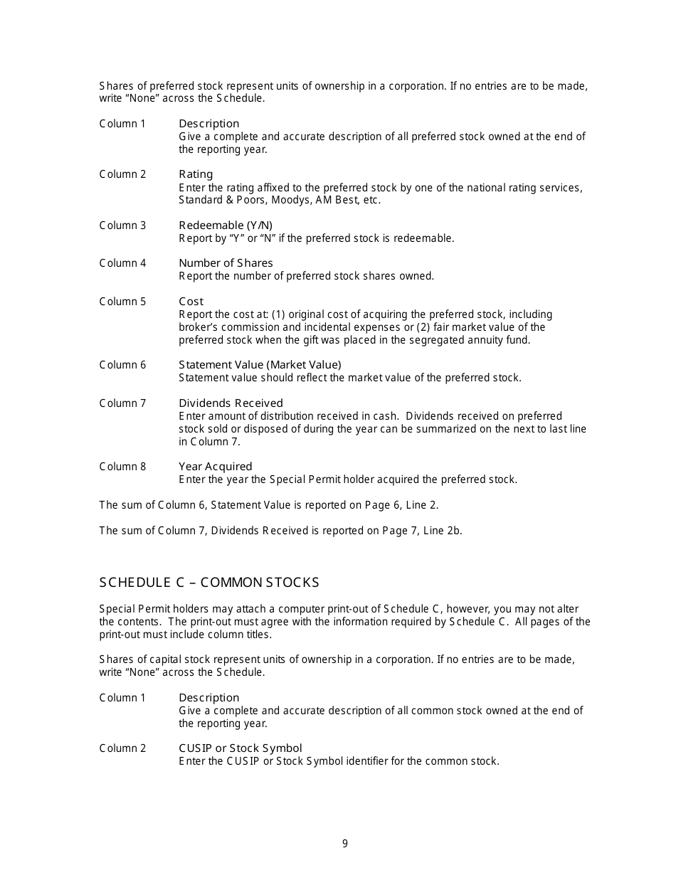 Instructions for Annual Statement of the Segregated Gift Annuity Fund - New Jersey, Page 9