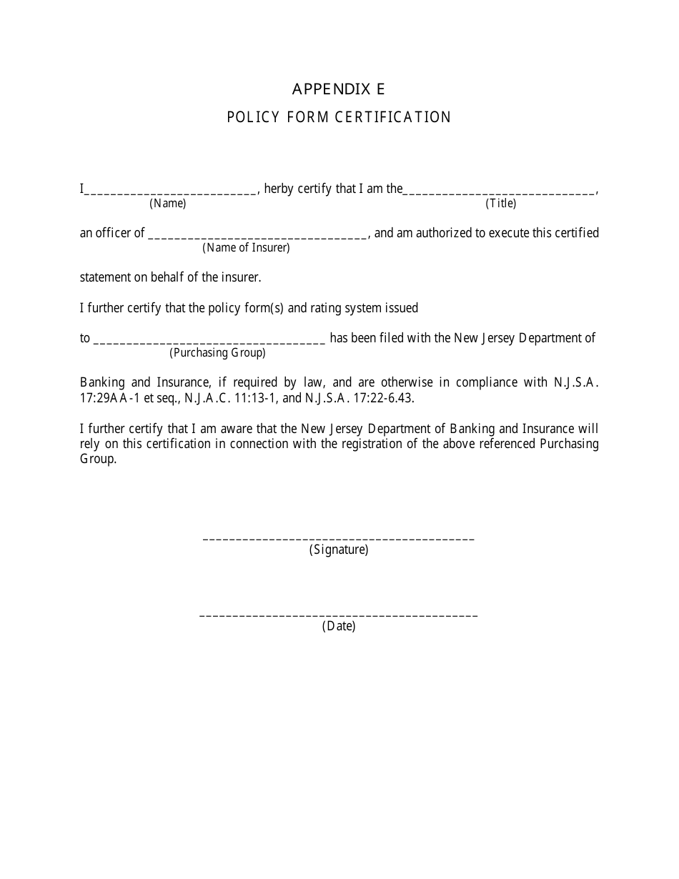 Appendix E Policy Form Certification - New Jersey, Page 1