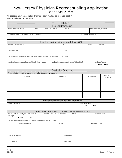 Form MC-6 New Jersey Physician Recredentialing Application - New Jersey