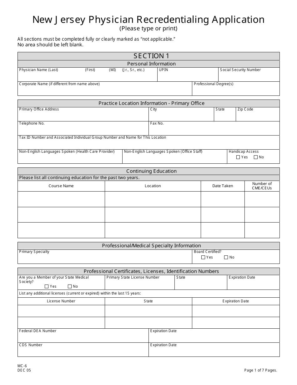 Form MC-6 New Jersey Physician Recredentialing Application - New Jersey, Page 1