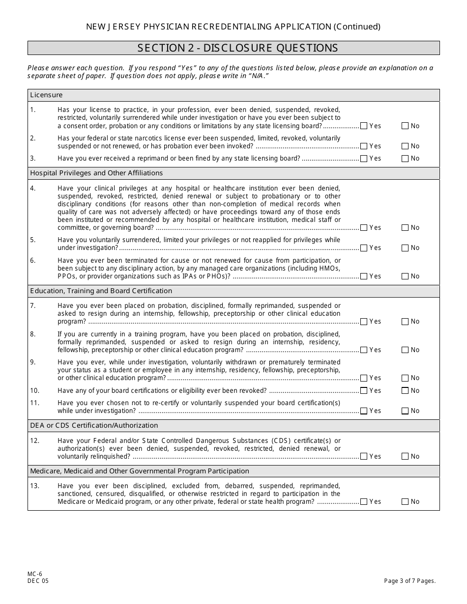 Form MC-6 New Jersey Physician Recredentialing Application - New Jersey, Page 3