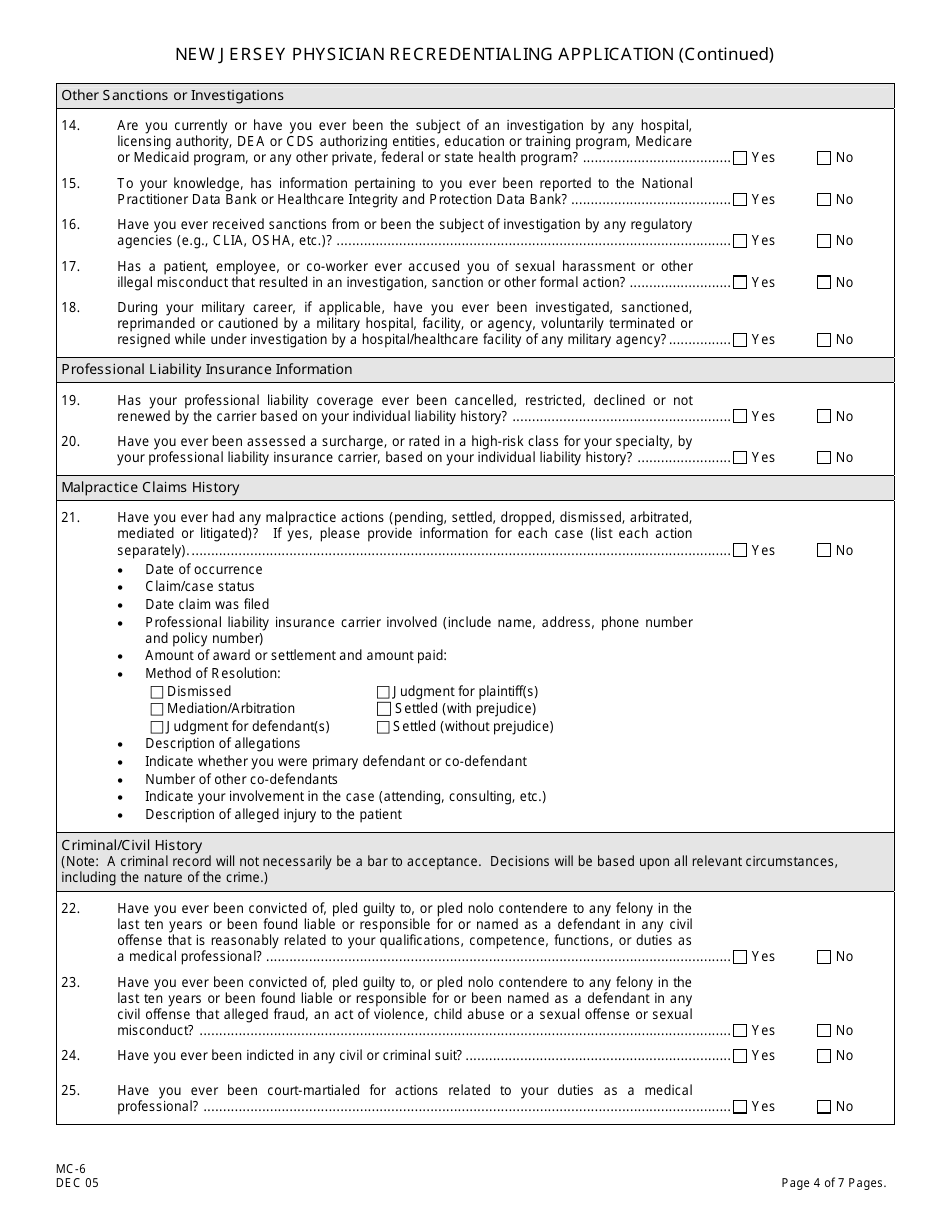 Form MC-6 New Jersey Physician Recredentialing Application - New Jersey, Page 4