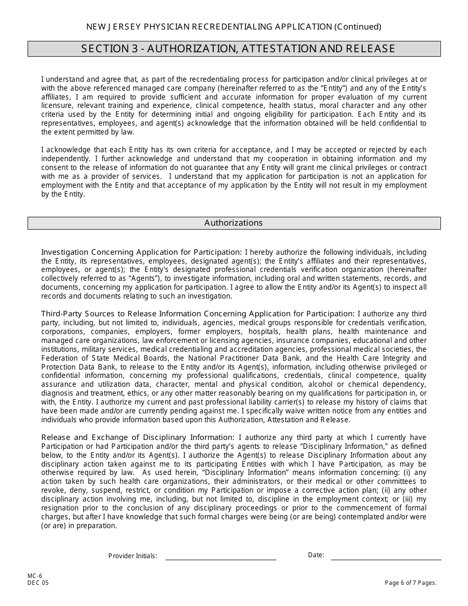 Form MC-6 New Jersey Physician Recredentialing Application - New Jersey, Page 6