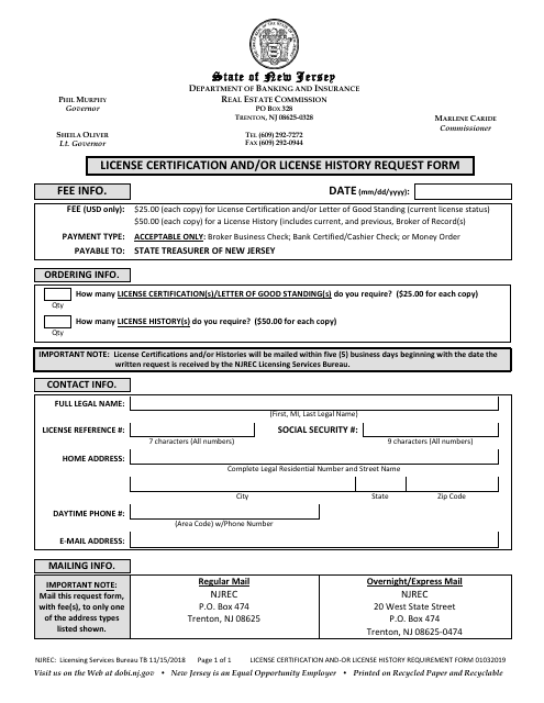 License Certification and / or License History Request Form - New Jersey Download Pdf
