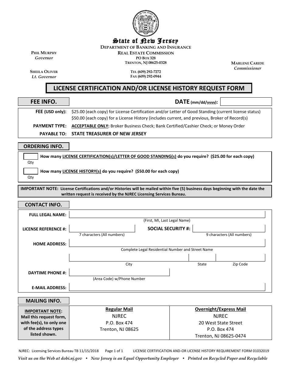 License Certification and / or License History Request Form - New Jersey, Page 1