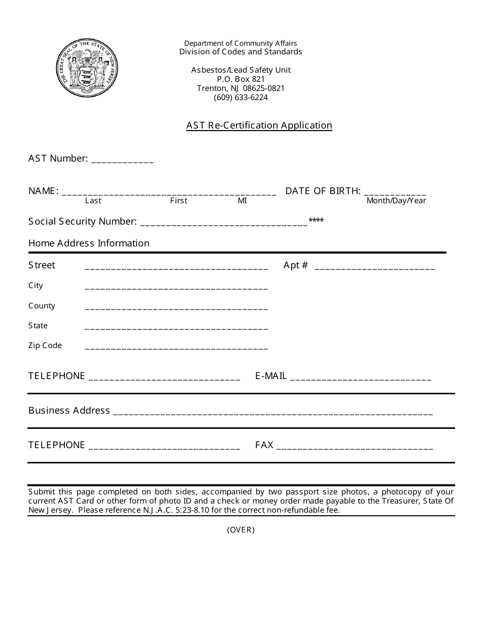 Ast Re-certification Application - New Jersey, Page 1
