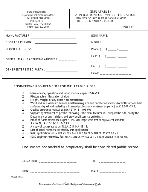 Form ES-90G Application for Type Certification (Inflatables) - New Jersey