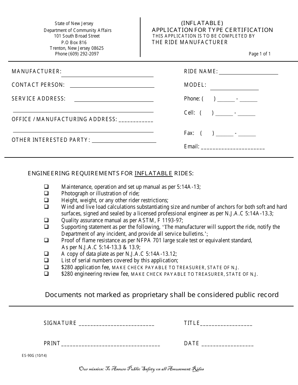 Form ES-90G Application for Type Certification (Inflatables) - New Jersey, Page 1