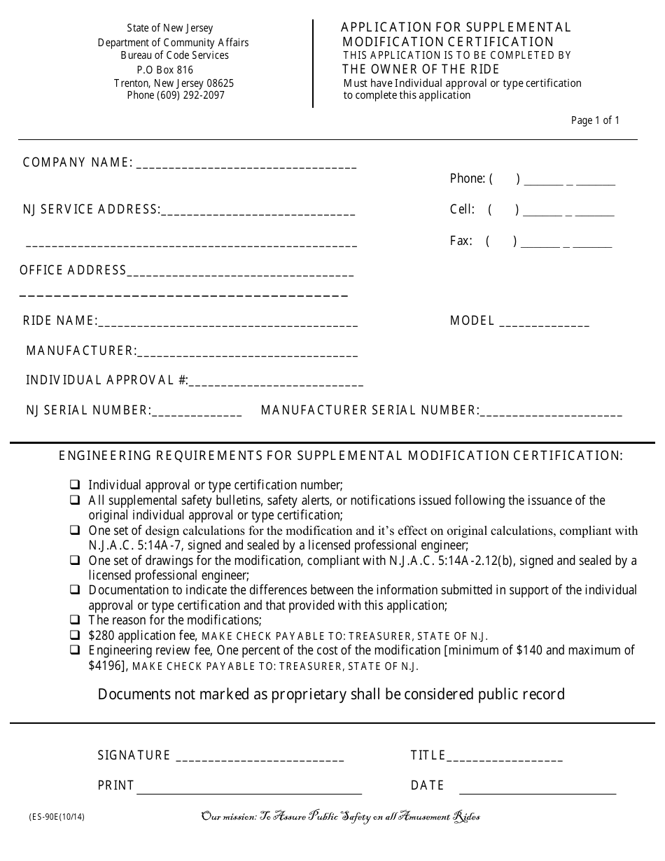 Form ES-90E Application for Supplemental Modification Certification - New Jersey, Page 1