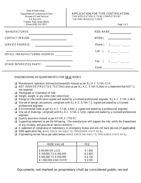 Form ES-90A Application for Type Certification - New Jersey