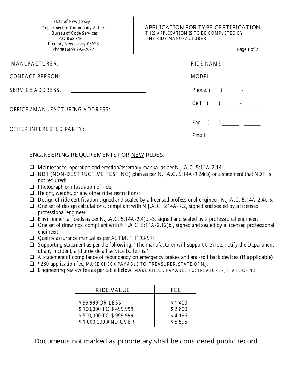 Form ES-90A Application for Type Certification - New Jersey, Page 1