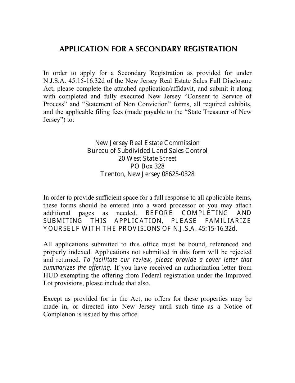 Application for a Secondary Registration - New Jersey, Page 1
