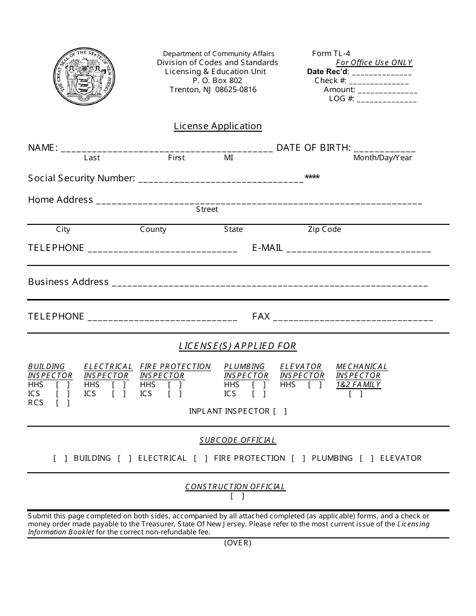 Form TL-4 License Application - New Jersey, Page 1