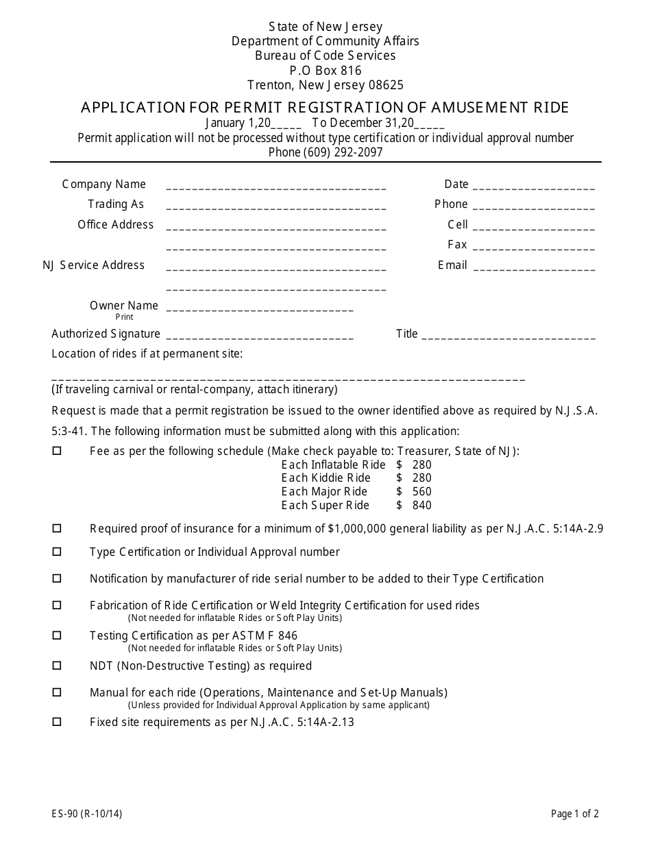 Form ES-90 Application for Permit Registration of Amusement Ride - New Jersey, Page 1