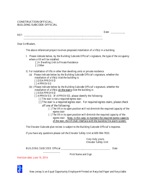 Lifts Pre-approval Letter Form - New Jersey Download Pdf