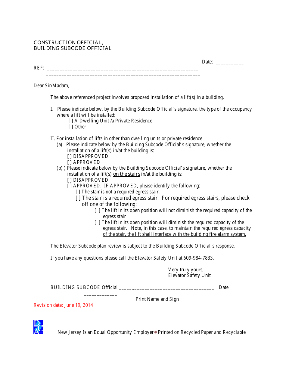Lifts Pre-approval Letter Form - New Jersey, Page 1