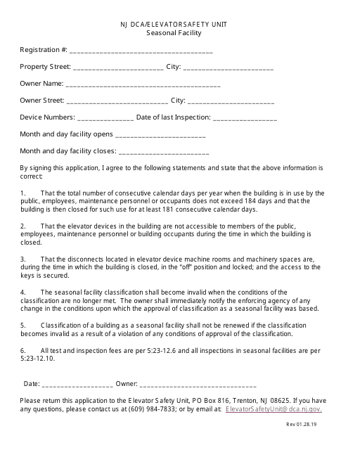 Application for Seasonal Facility - New Jersey