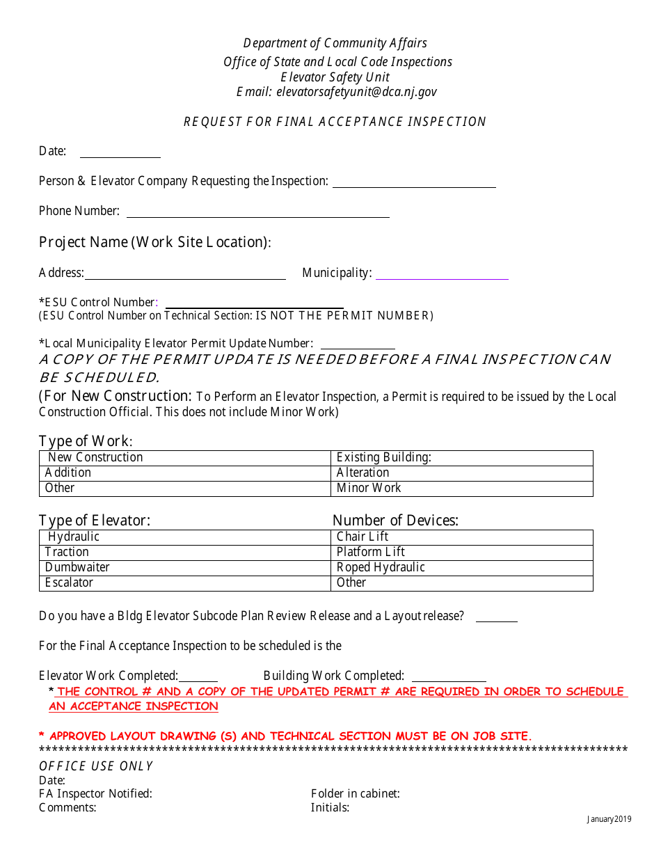 Request for Final Acceptance Inspection - New Jersey, Page 1